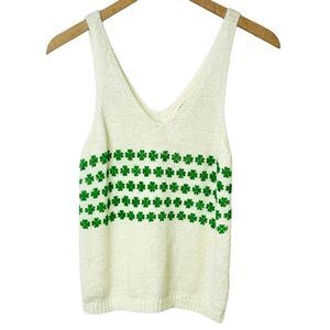 Shamrock Knit Tank Top Sweater Off White Green Lucky Clover Women's Medium